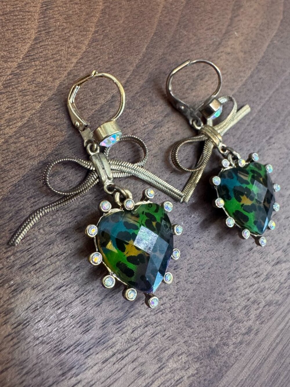 Betsey Johnson Leopard Print Heart and Bow Drop Earrings (2008)